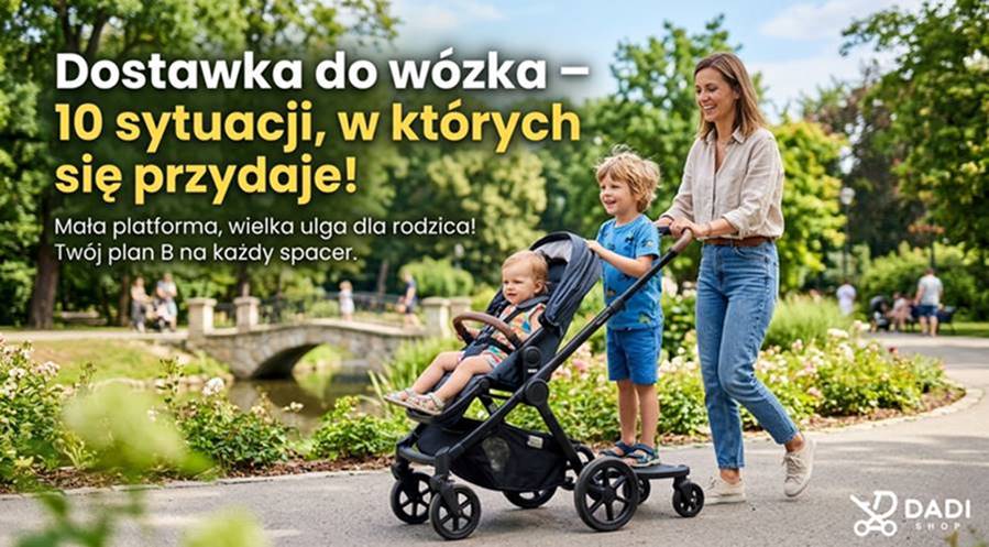 Kobieta z dwójką dzieci w parku korzystająca z dostawki do wózka podczas spaceru– dadi-shop 